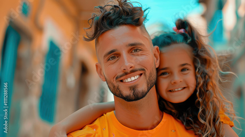 A joyful father carries his daughter on his shoulders, showcasing the special bond they share amidst the lively city backdrop. photo