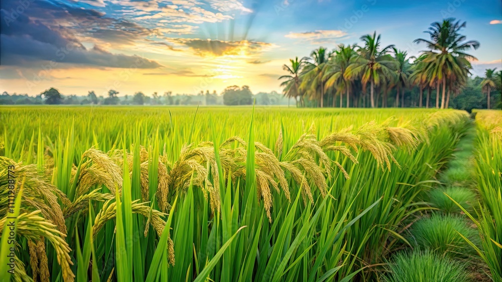 Obraz premium Green paddy field in Bangladesh with ripe rice crop ready for harvest, Bangladesh, green, paddy, rice, field, agriculture