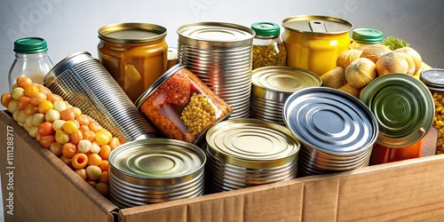 Food donations concept with various canned goods and non-perishable items in a donation bin , charity, community