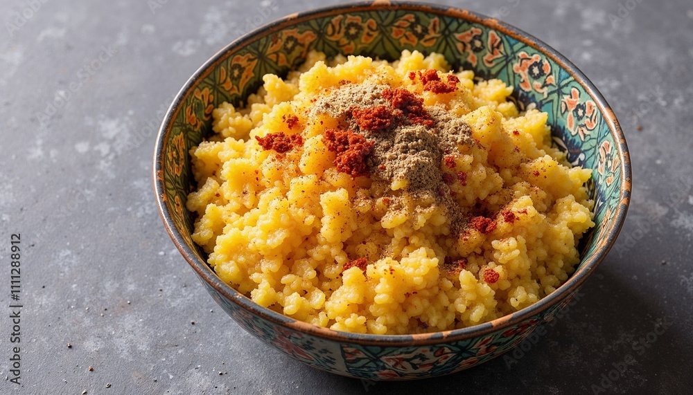 Moroccan couscous in a traditional patterned bowl topped with vibrant spices on a neutral gray background for an elegant presentation. Moroccan couscous in a traditional patterned bowl topped with vibrant spices on a neutral gray background for an elegant presentation.