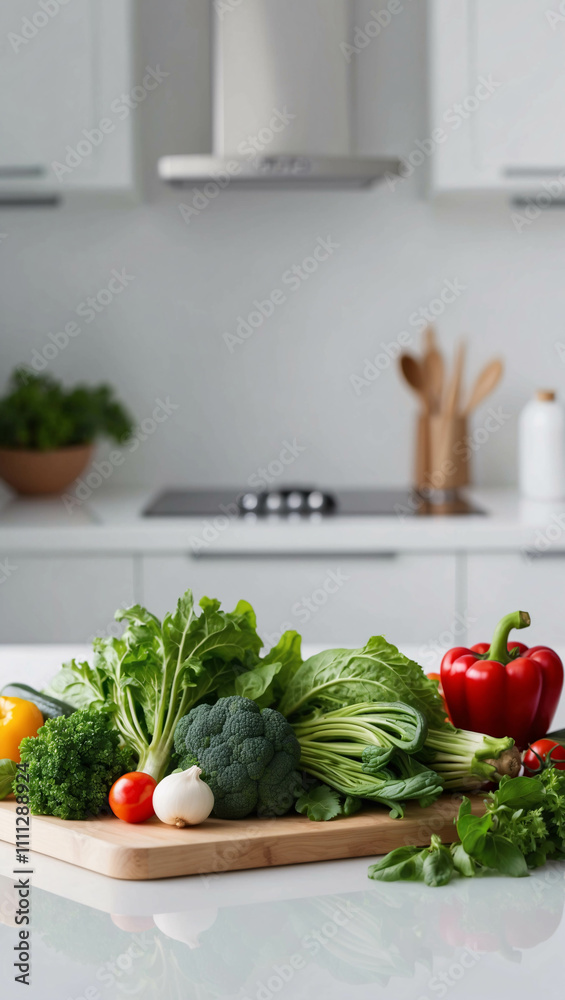 Fresh Vegetables Displayed on a White Table in a Bright Minimalist Modern Kitchen with Clean Lines Fresh Vegetables Displayed on a White Table in a Bright Minimalist Modern Kitchen with Clean Lines