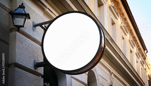 round signboard mockup at old city building with retro lantern white template for displaying cafe restaurant shop museum hotel name or logo high quality photo