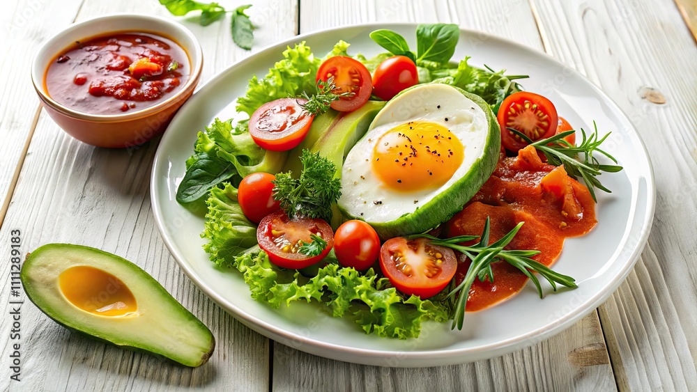 Avocado egg, tomato sauce and fresh salad on a white plate, avocado, egg, tomato sauce, fresh, salad, healthy Avocado egg, tomato sauce and fresh salad on a white plate, avocado, egg, tomato sauce, fresh, salad, healthy