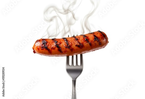 Grilled precook smoke beef sausage on a fork isolated on white background, clipping path