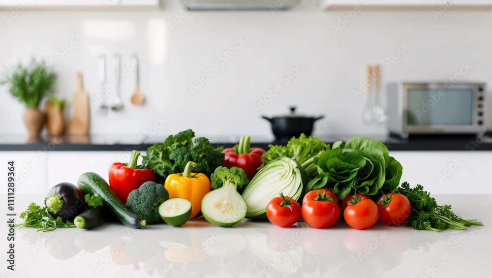 Fresh Vegetables on a White Table in a Modern Kitchen with Simple Clean Design and Minimalist Vibe Fresh Vegetables on a White Table in a Modern Kitchen with Simple Clean Design and Minimalist Vibe