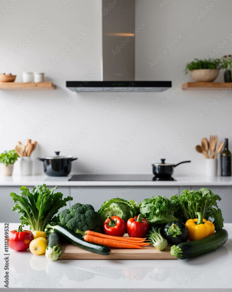 Fresh Vegetables on White Table in a Contemporary Kitchen with Clean Minimalist Vibes and Design Fresh Vegetables on White Table in a Contemporary Kitchen with Clean Minimalist Vibes and Design