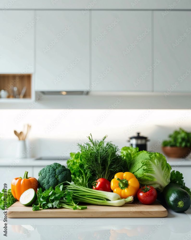 Freshly Harvested Vegetables on a Clean White Table in a Modern Kitchen with Minimalist Approach Freshly Harvested Vegetables on a Clean White Table in a Modern Kitchen with Minimalist Approach