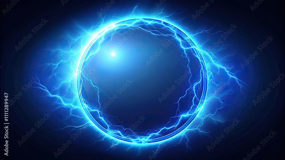 Fototapeta premium Shining blue electric lightning in a round frame on background, blue, electric, lightning, round, frame, isolated,background