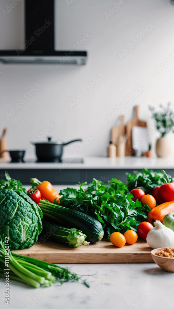 Healthy Fresh Vegetables on a White Minimalist Table in a Sleek Modern Kitchen Design Healthy Fresh Vegetables on a White Minimalist Table in a Sleek Modern Kitchen Design