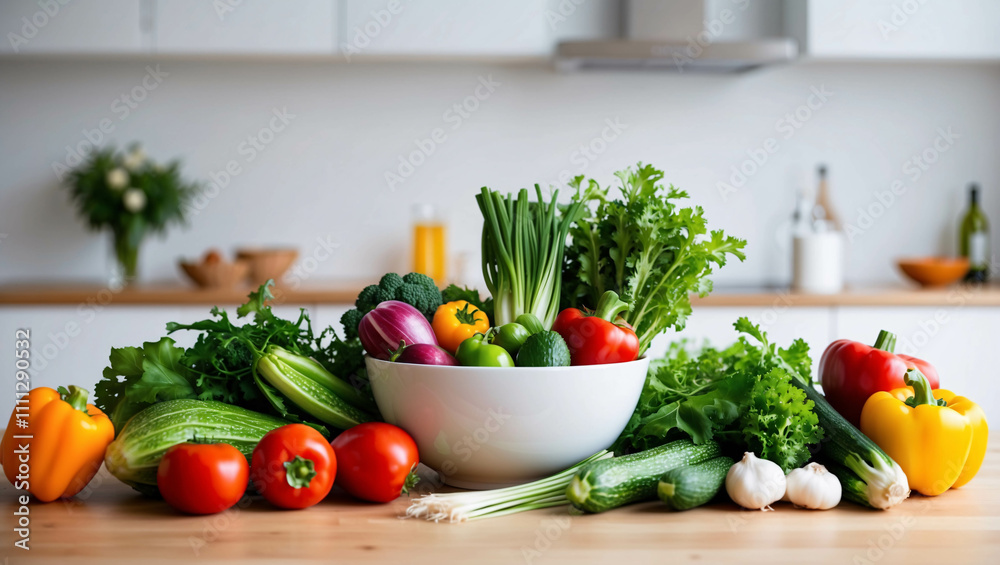 Neatly Arranged Fresh Vegetables on White Table in a Bright Clean Modern Kitchen with Minimalist Flair Neatly Arranged Fresh Vegetables on White Table in a Bright Clean Modern Kitchen with Minimalist Flair