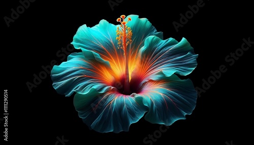 Close-up of a vibrant hibiscus flower with glowing multicolor petals and detailed stamen on a black background, AI Generated