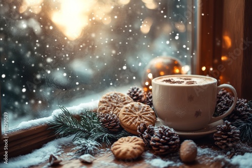 Traditional Christmas cookies and hot cocoa by snowy window at dawn