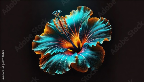 Close-up of a vibrant hibiscus flower with glowing multicolor petals and detailed stamen on a black background, AI Generated