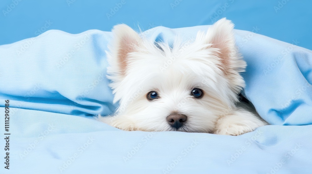 An adorable young white puppy with gentle eyes peeks out from soft sheets, capturing a cozy and sweet moment. An adorable young white puppy with gentle eyes peeks out from soft sheets, capturing a cozy and sweet moment.