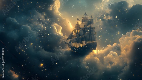 A majestic sailing ship floats amidst ethereal clouds, illuminated by golden light,  a mystical scene of a dreamlike voyage through the cosmos. photo