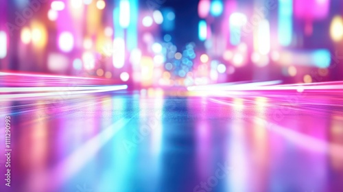 A vibrant city street alive with neon lights  creating an energetic nighttime ambiance that captivates the senses.