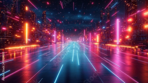 Neon Cityscape: Glowing Lights, Futuristic Road, Digital Art