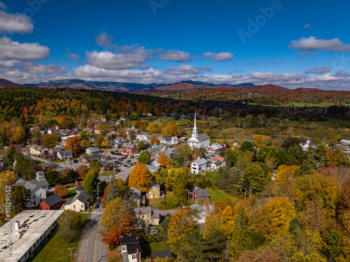 10/7/22 STOWE VERMONT USA - elevated view of picture perfect Stowe Vermont in Autumn Color