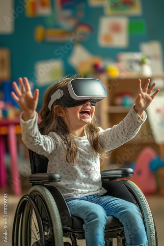 Child with VR Glasses in a Wheelchair Enjoying Virtual Reality