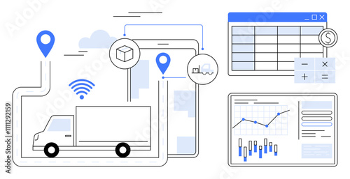 Truck moving along path with GPS markers and wireless signal. Tablet displaying map and truck icon. Graphs with charts showing data trends. Ideal for logistics, transportation, fleet management
