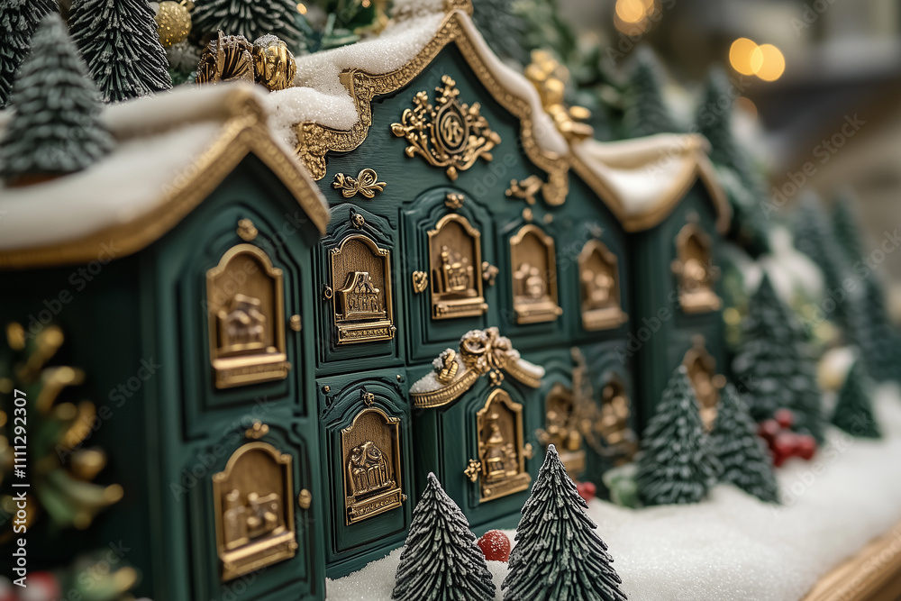 Obraz premium Intricate craftsmanship of a festive holiday display featuring miniature buildings and trees