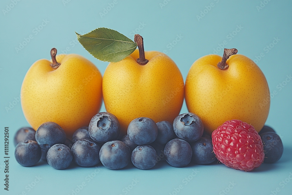 Three Yellow Plums with Blueberries and a Raspberry Three Yellow Plums with Blueberries and a Raspberry