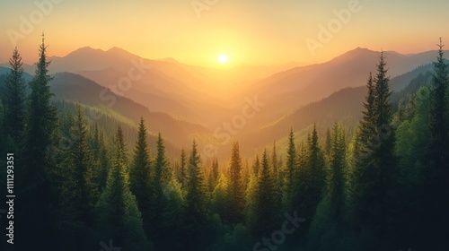 Majestic sunset over mountain range, illuminating coniferous forest.