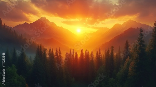 Fiery sunset over misty mountain range with silhouetted pine trees.