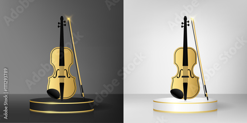 Gold violin and golden bow on realistic black, white podium or pedestal stage