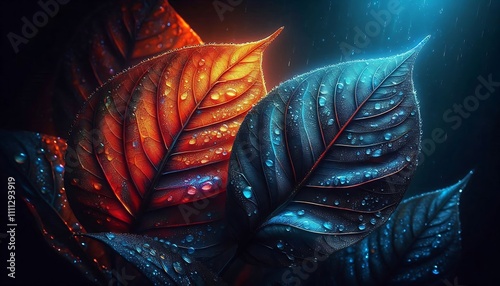 Colorful leaves with water droplets in red and blue tones illuminated by dramatic lighting