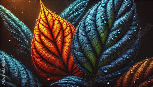 Colorful leaves with water droplets in red and blue tones illuminated by dramatic lighting