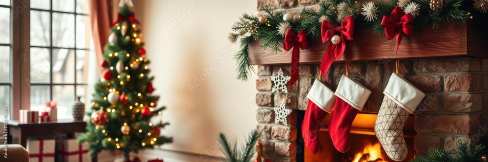 A close-up shot of a festive Christmas-tree stocking hanging on a fireplace mantle, holly, ornament A close-up shot of a festive Christmas-tree stocking hanging on a fireplace mantle, holly, ornament