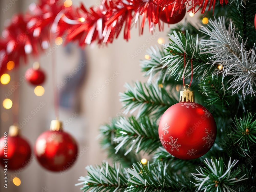 A festive arrangement of ornaments, tinsel, and lights on a Christmas tree, festive, shiny A festive arrangement of ornaments, tinsel, and lights on a Christmas tree, festive, shiny