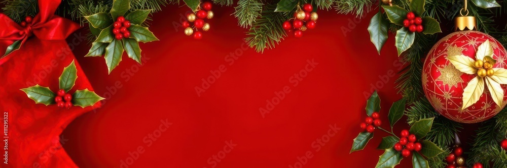 A festive red velvet christmas stocking filled with shiny gold ornaments and holly leaves, festive, decoration A festive red velvet christmas stocking filled with shiny gold ornaments and holly leaves, festive, decoration