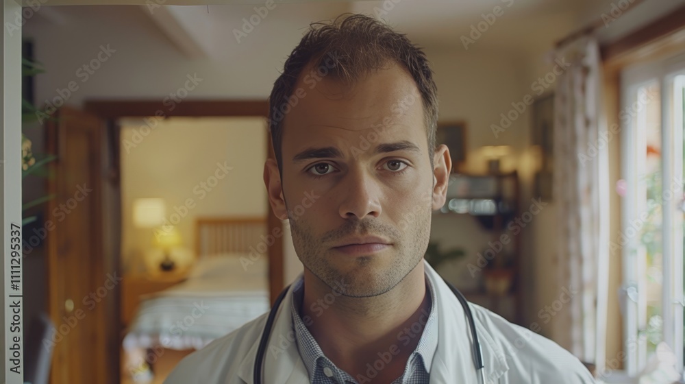 Fototapeta premium Portrait of male doctor in white lab coat with stethoscope in clinic hall, healthcare image