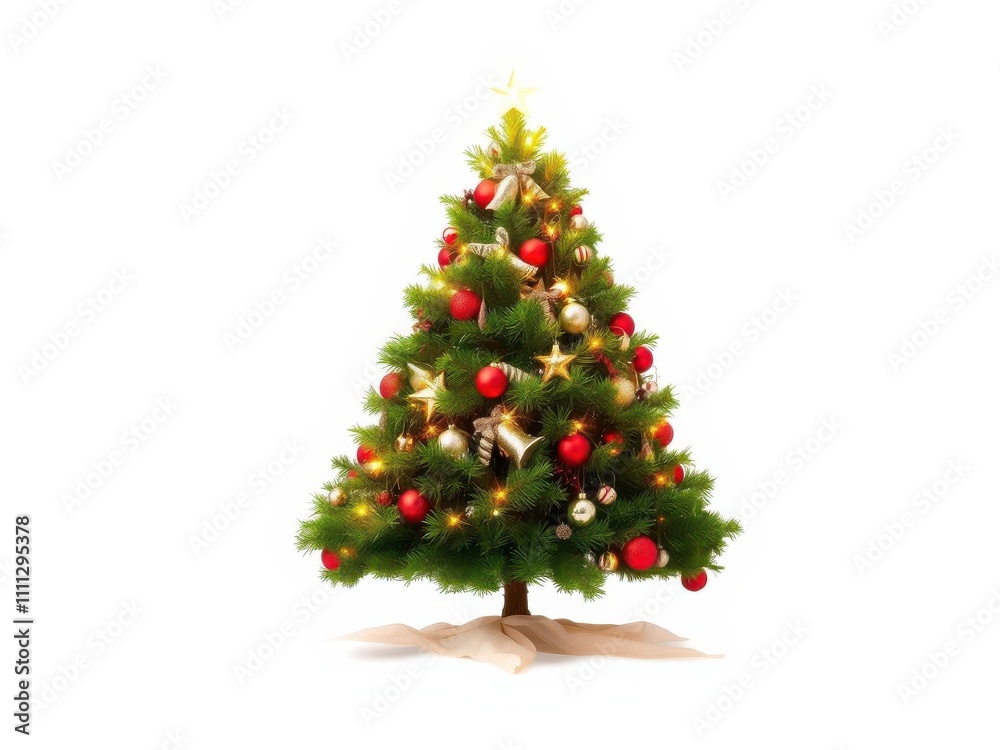 A single tall and lush Christmas tree with vibrant ornaments and twinkling lights, standing proudly against a clean white background, decorations, Christmas tree A single tall and lush Christmas tree with vibrant ornaments and twinkling lights, standing proudly against a clean white background, decorations, Christmas tree