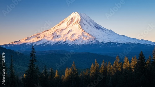 Majestic Mount Hood stands tall against a clear sky, showcasing its snow-covered peak and lush green forest below during sunrise