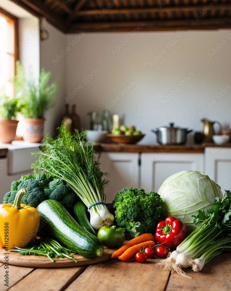 Fresh Organic Vegetables on White Table in a Traditional Kitchen with Simple and Elegant Minimalist Design Fresh Organic Vegetables on White Table in a Traditional Kitchen with Simple and Elegant Minimalist Design