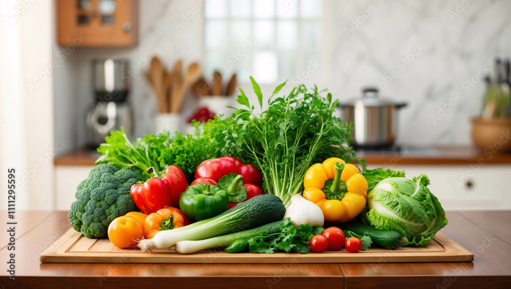 Fresh Produce Neatly Arranged on a White Table in a Clean Traditional Kitchen with Minimalist Touch Fresh Produce Neatly Arranged on a White Table in a Clean Traditional Kitchen with Minimalist Touch