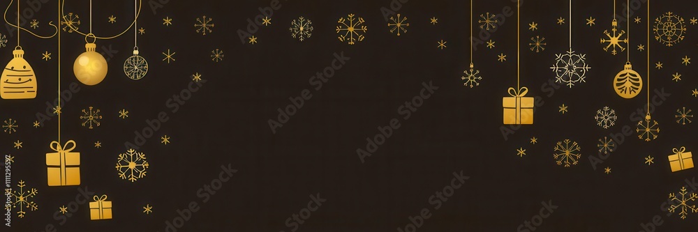 Abstract vector illustration featuring various Christmas icons and symbols in a luxurious gold color palette, including ornaments, trees, snowflakes, and gifts, abstract, gifts