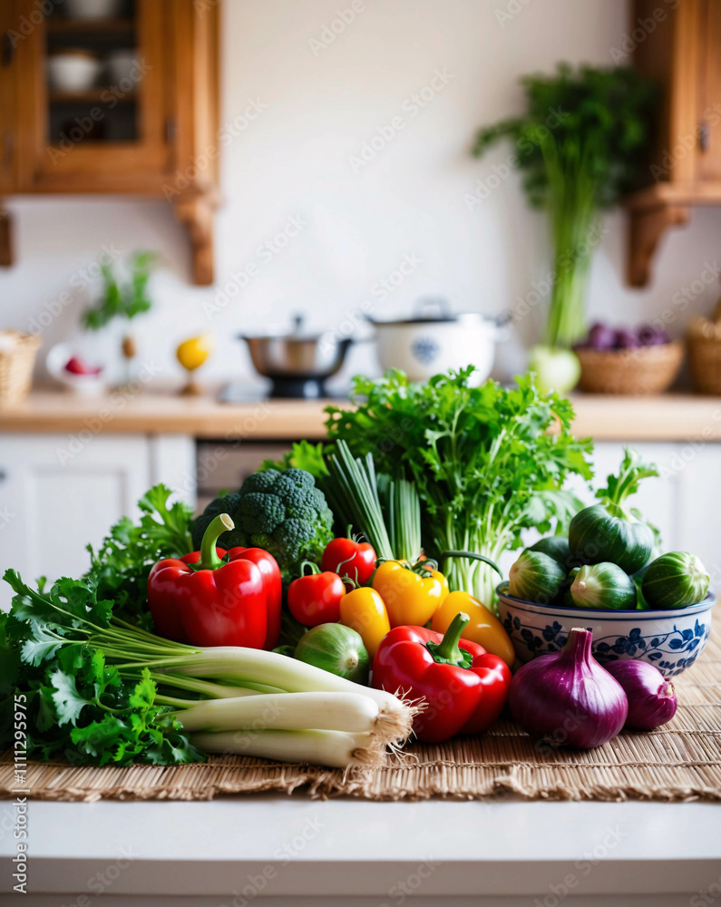 Fresh Vegetables on White Table in a Clean Traditional Kitchen with Bright Minimalist Interior Design Fresh Vegetables on White Table in a Clean Traditional Kitchen with Bright Minimalist Interior Design