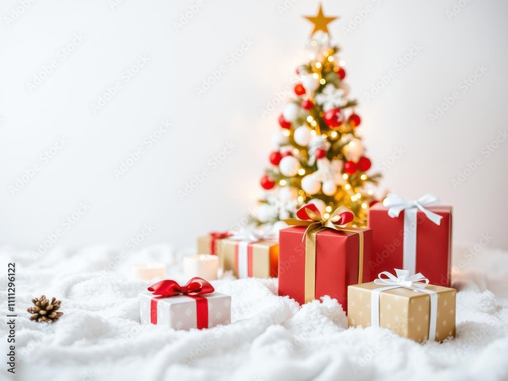 Christmas tree adorned with sparkling lights and ornaments, surrounded by gift boxes in a winter wonderland setting, winter, elegant Christmas tree adorned with sparkling lights and ornaments, surrounded by gift boxes in a winter wonderland setting, winter, elegant