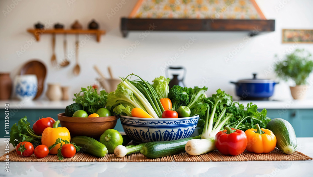 Neatly Arranged Fresh Vegetables on a Clean White Table in a Traditional Kitchen with Simple Modern Flair Neatly Arranged Fresh Vegetables on a Clean White Table in a Traditional Kitchen with Simple Modern Flair