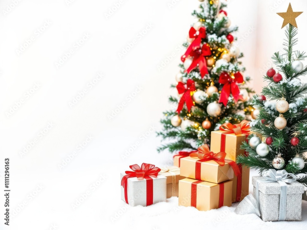 Christmas tree adorned with twinkling lights and shiny ornaments, surrounded by festive gift boxes on a snowy white background, celebration, festive mood Christmas tree adorned with twinkling lights and shiny ornaments, surrounded by festive gift boxes on a snowy white background, celebration, festive mood