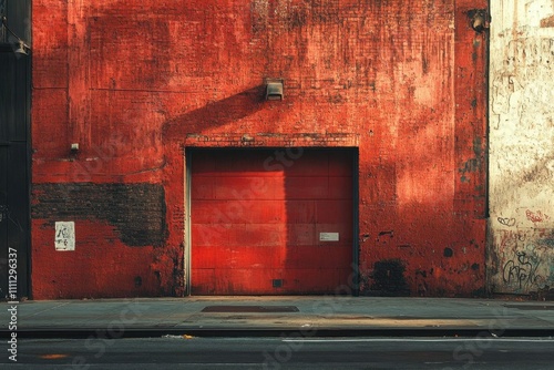 Red Brick Wall with a Large Red Garage Door in an Urban Setting
