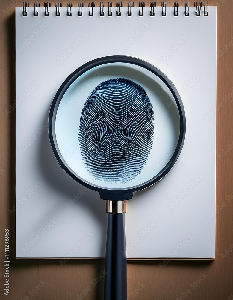 Magnifying glass enlarges fingerprints on plain white paper Magnifying glass enlarges fingerprints on plain white paper