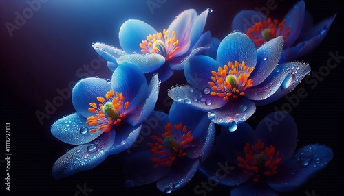 Close-up of blue flowers with orange stamens and water droplets under soft lighting on a dark background, AI Generated