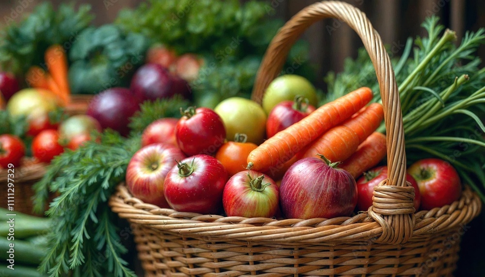 Hand-Woven Basket Overflowing with Fruits and Vegetables Hand-Woven Basket Overflowing with Fruits and Vegetables