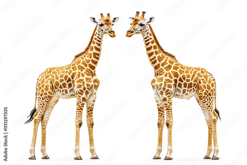 Two young giraffes face each other on a white background Two young giraffes face each other on a white background