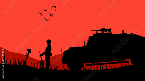 Landscape illustration of soldier giving respect to fallen soldier